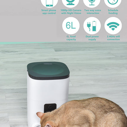 Pet Feeder,6L Automatic Pet Feeder for Cats and Dogs,1080P Camera,App Control,Voice Recorder,Timed Feeder for Schedule Feeding, Dual Power Supply,Wifi Pet Food Dispenser with App Control